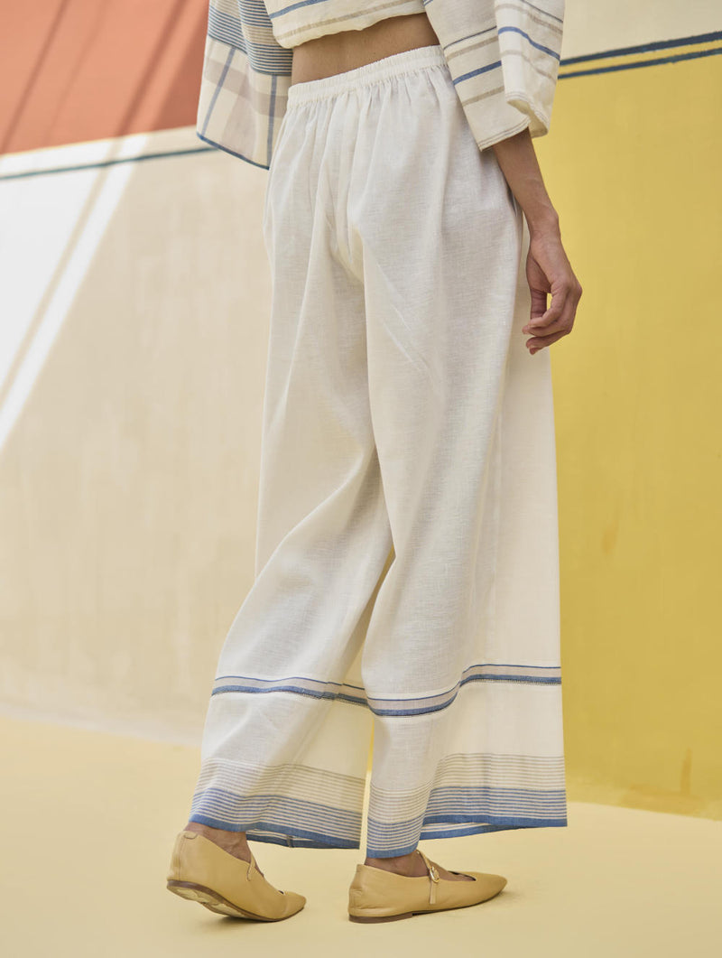 Lyla Stripe Border Pant - Sky linen by Manan in blue color for women in Singapore