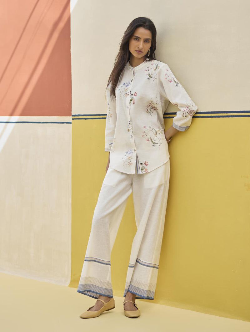 Lyla Stripe Border Pant - Ivory linen by Manan in ivory color for women in Singapore