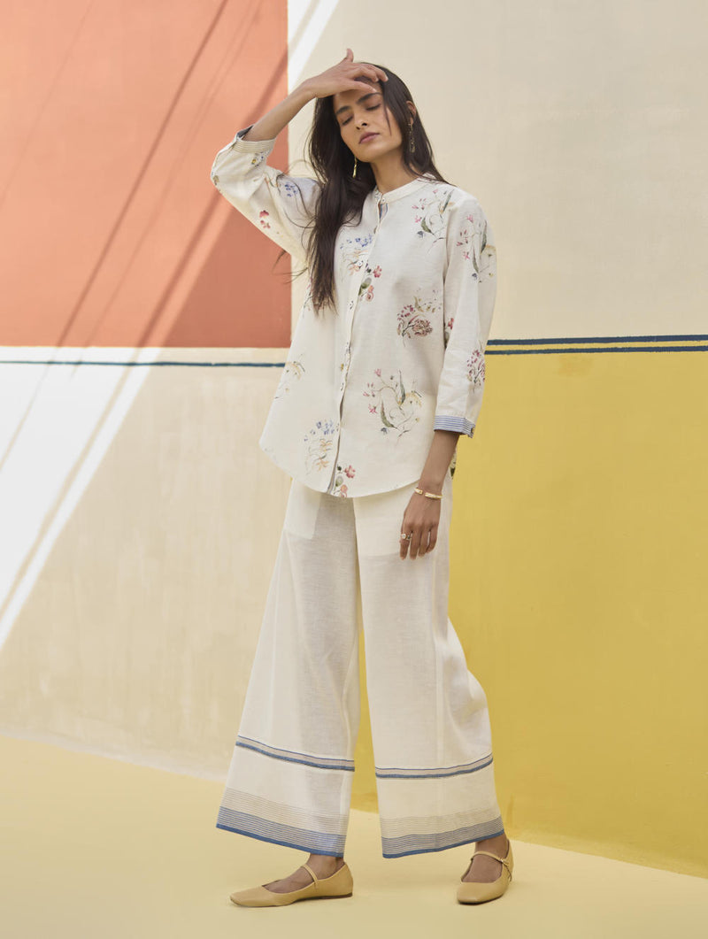 Lyla Stripe Border Pant - Sky linen by Manan in blue color for women in Singapore