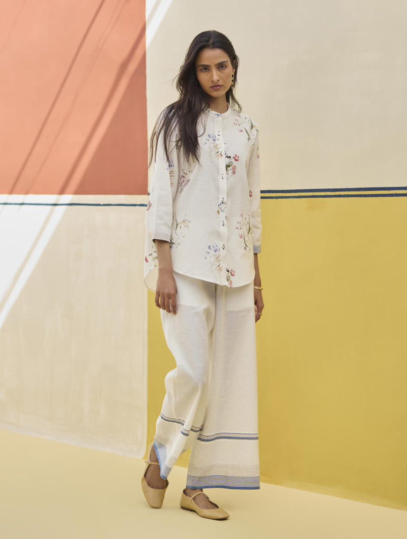 Lyla Stripe Border Pant - Ivory linen by Manan in ivory color for women in Singapore
