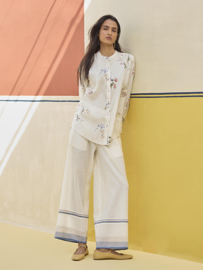 Lyla Stripe Border Pant - Ivory linen by Manan in ivory color for women in Singapore