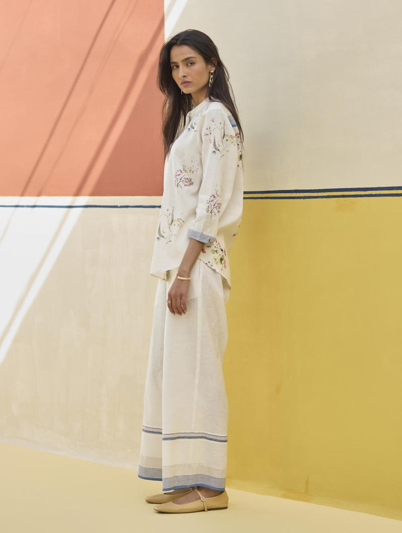 Lyla Stripe Border Pant - Sky linen by Manan in blue color for women in Singapore