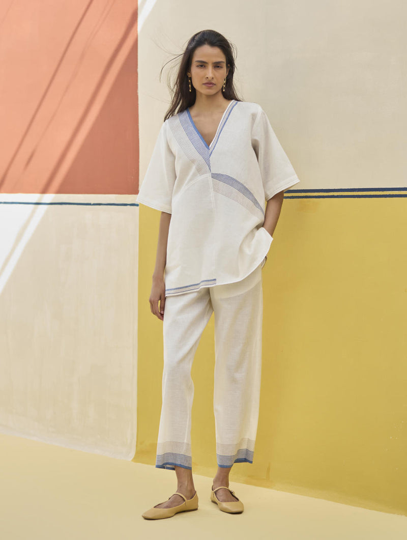 Moriko Border Linen Top - Ivory linen by Manan in ivory color for women in Singapore