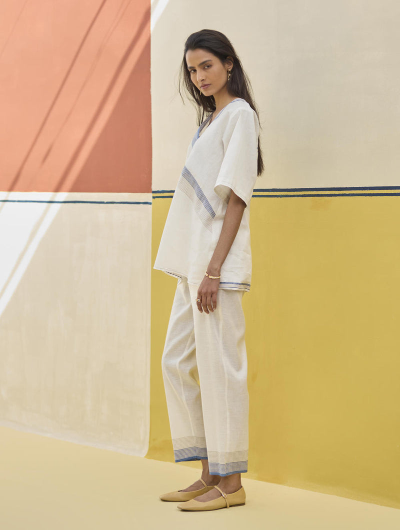 Moriko Border Linen Top - Ivory linen by Manan in ivory color for women in Singapore