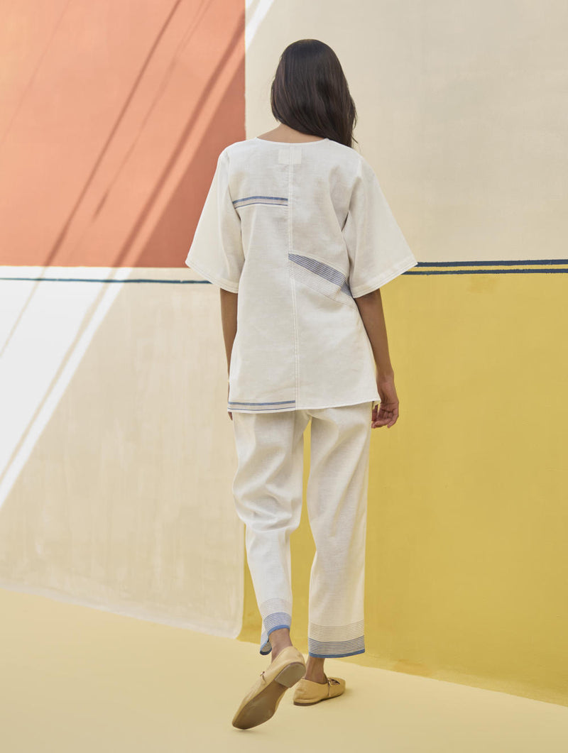 Moriko Border Linen Top - Ivory linen by Manan in ivory color for women in Singapore