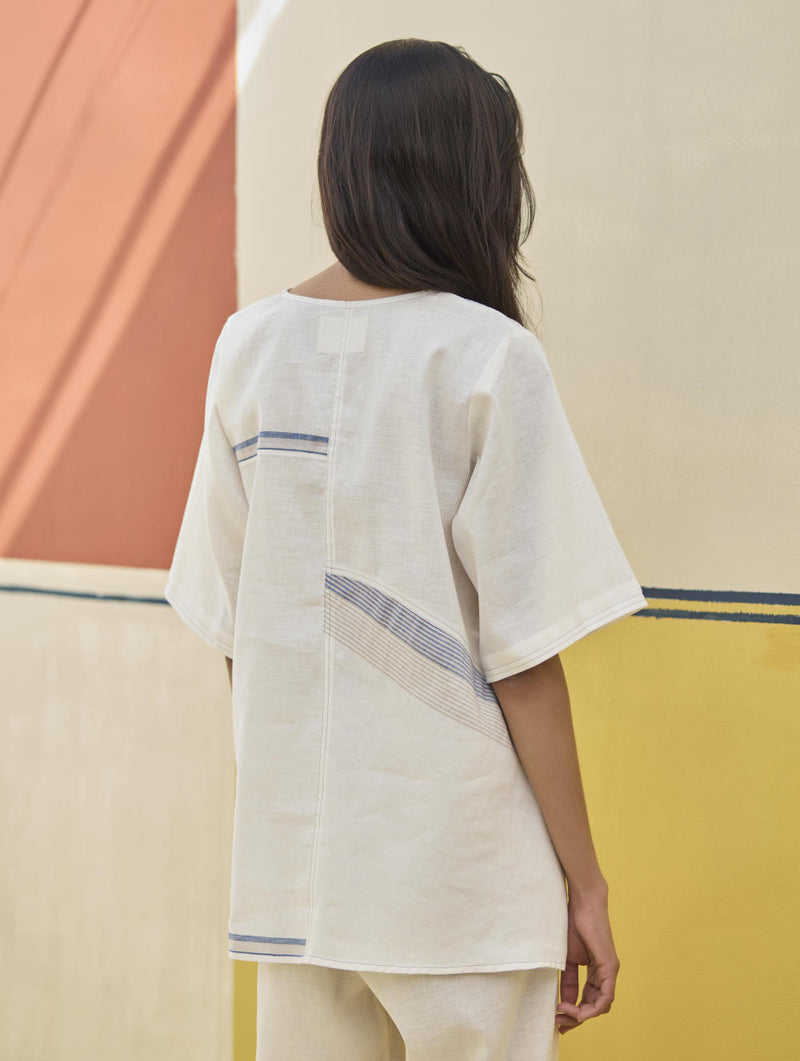 Moriko Border Linen Top - Ivory linen by Manan in ivory color for women in Singapore
