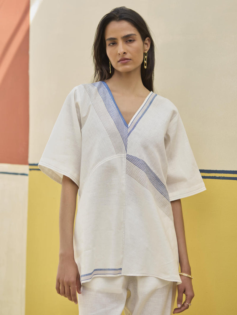 Moriko Border Linen Top - Ivory linen by Manan in ivory color for women in Singapore
