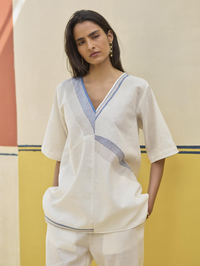 Moriko Border Linen Top - Ivory linen by Manan in ivory color for women in Singapore