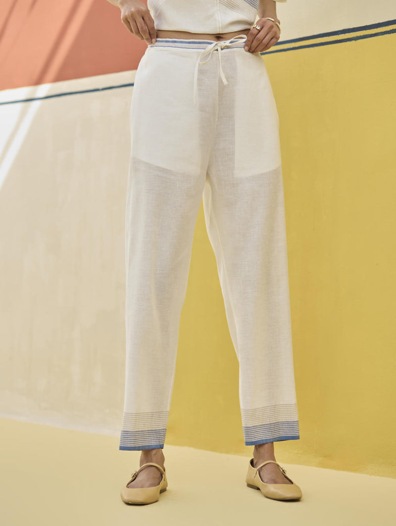 Reya Classic Border Pant - Ivory linen by Manan in ivory color for women in Singapore