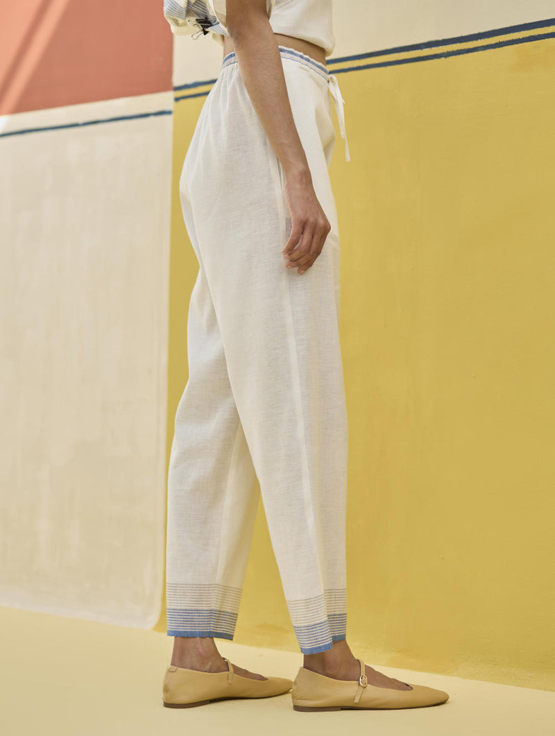 Reya Classic Border Pant - Ivory linen by Manan in ivory color for women in Singapore