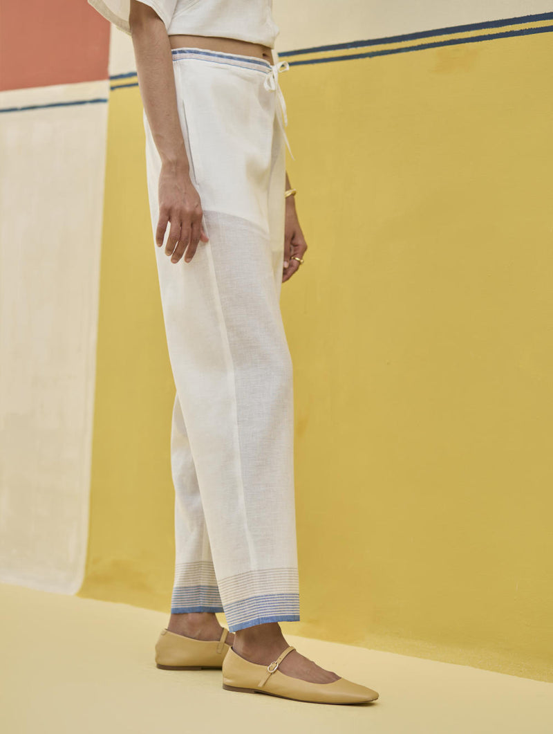 Reya Classic Border Pant - Ivory linen by Manan in ivory color for women in Singapore