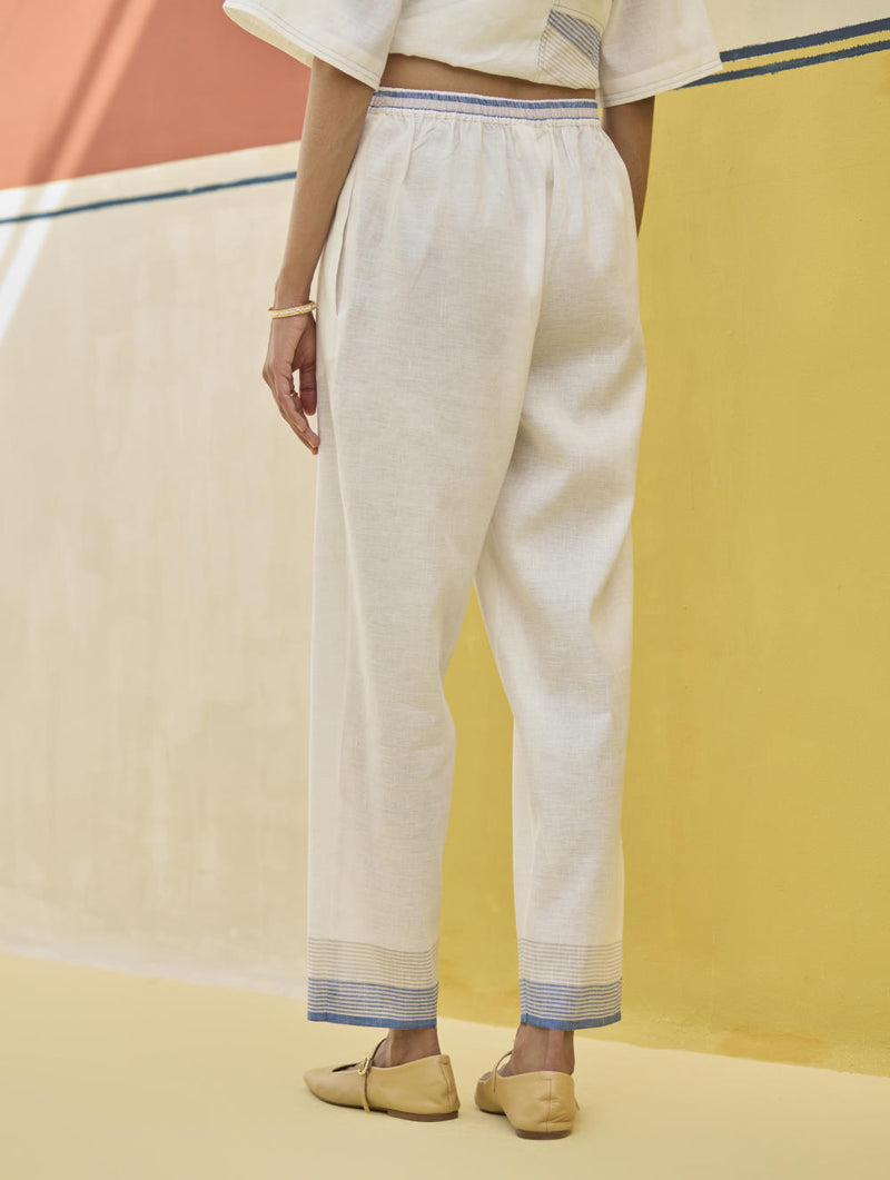 Reya Classic Border Pant - Ivory linen by Manan in ivory color for women in Singapore