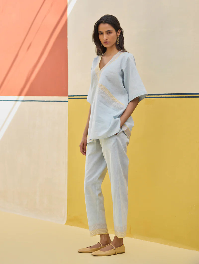 Moriko Border Linen Co-ord Set
- Sky linen by Manan in blue color for women in Singapore