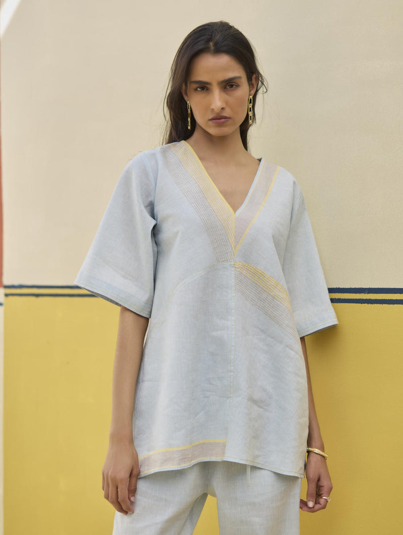 Moriko Border Linen Top - Sky linen by Manan in blue color for women in Singapore
