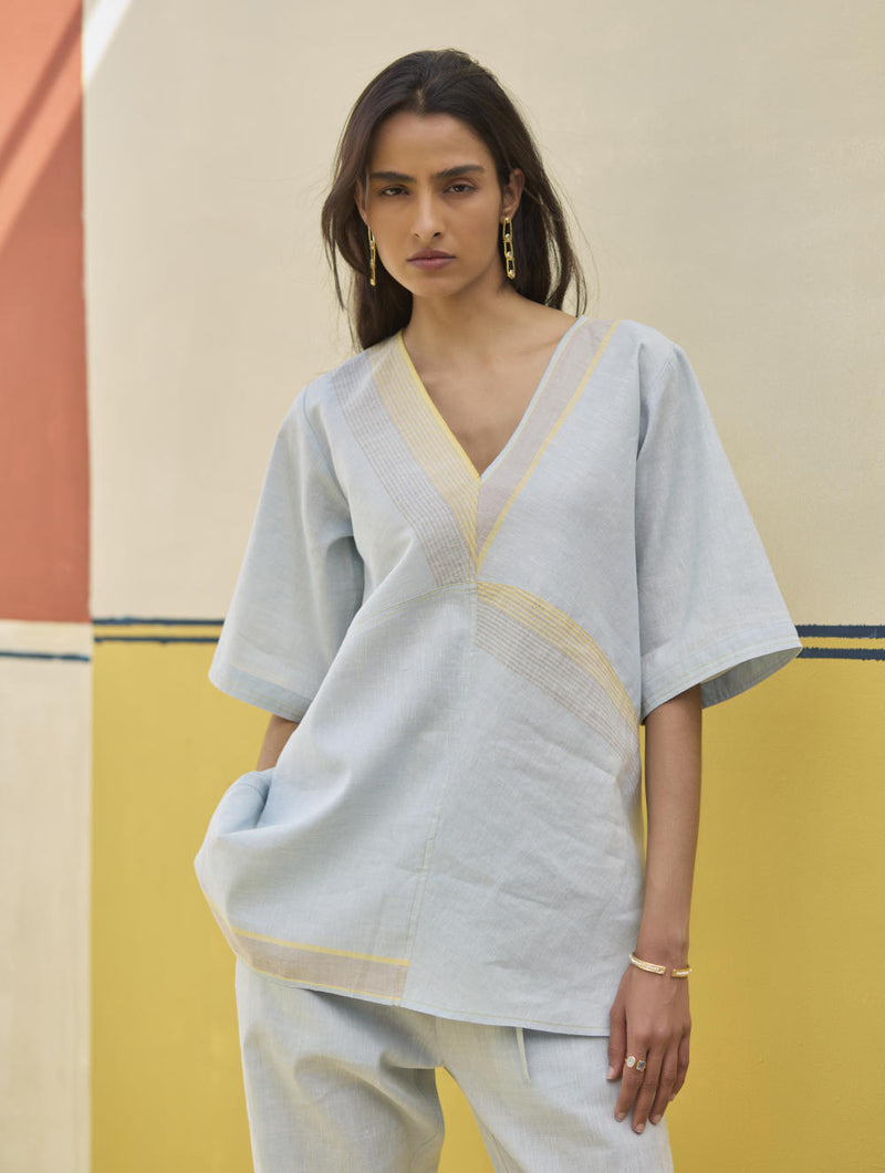 Moriko Border Linen Top - Sky linen by Manan in blue color for women in Singapore