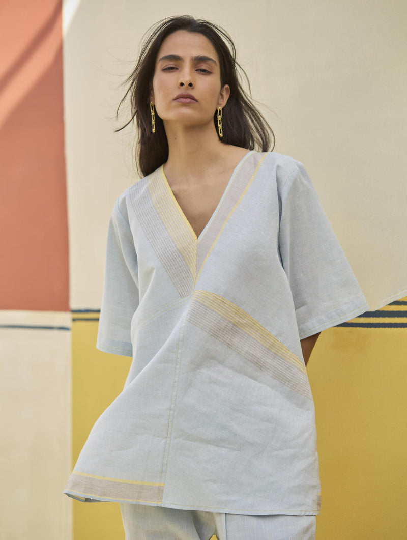 Moriko Border Linen Top - Sky linen by Manan in blue color for women in Singapore