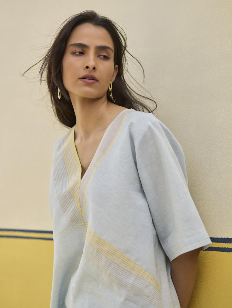 Moriko Border Linen Top - Sky linen by Manan in blue color for women in Singapore