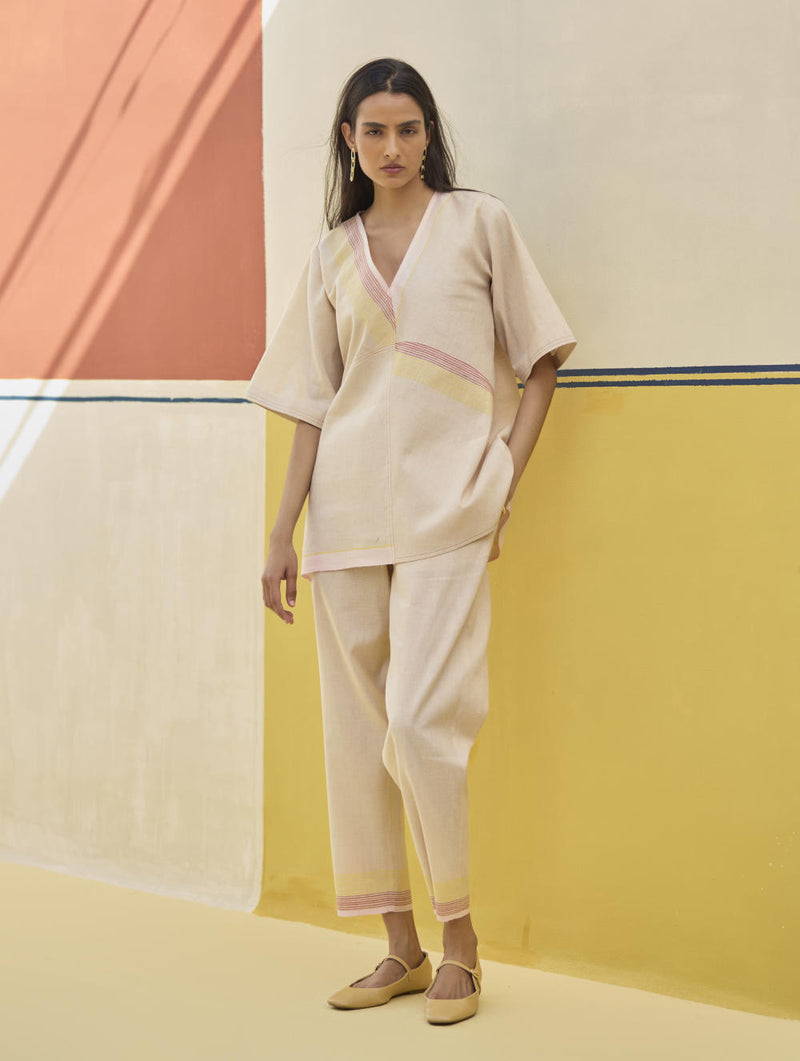 Moriko Border Linen Top - Sand linen by Manan in natural color for women in Singapore