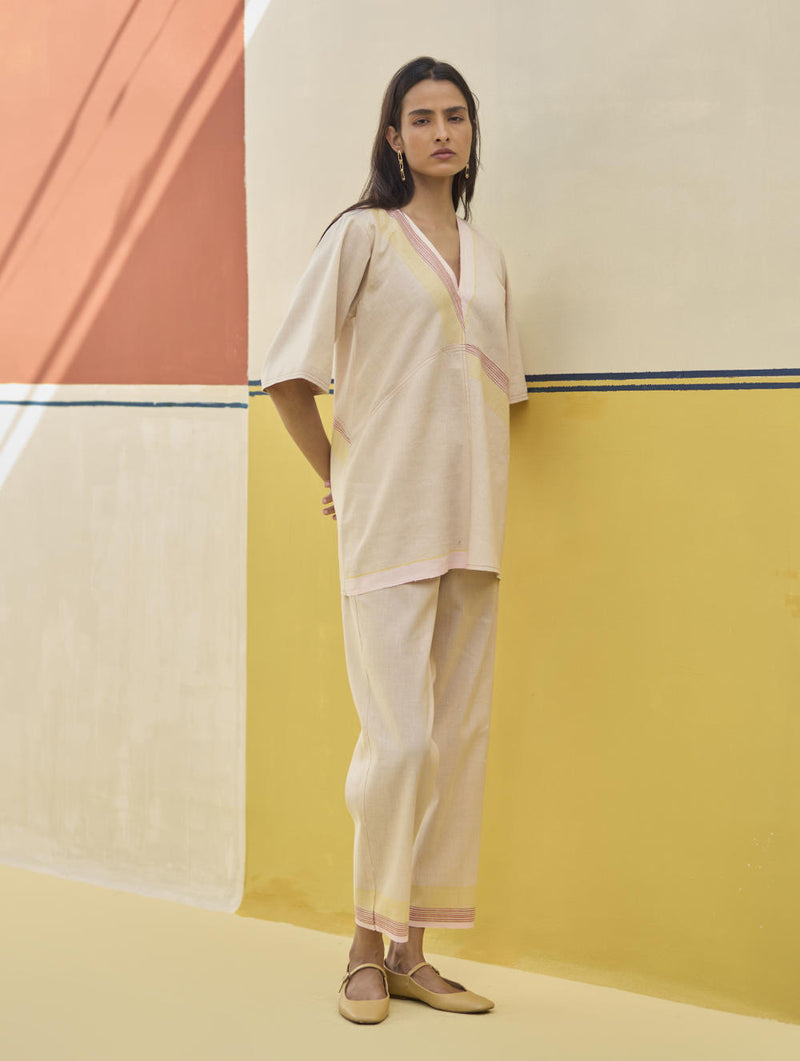 Moriko Border Linen Top - Sand linen by Manan in natural color for women in Singapore