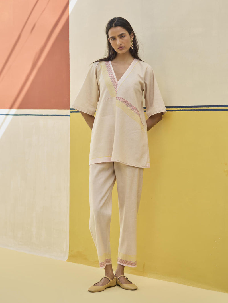 Moriko Border Linen Top - Sand linen by Manan in natural color for women in Singapore