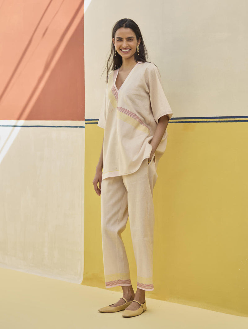 Moriko Border Linen Top - Sand linen by Manan in natural color for women in Singapore