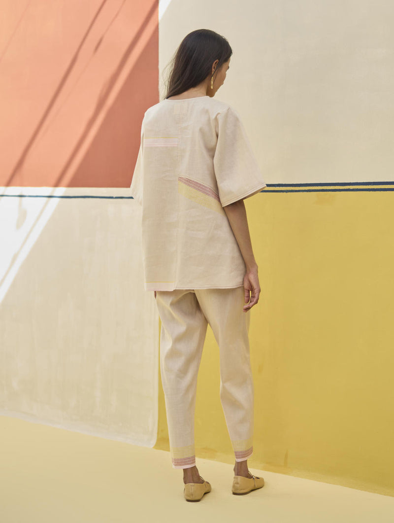 Moriko Border Linen Top - Sand linen by Manan in natural color for women in Singapore