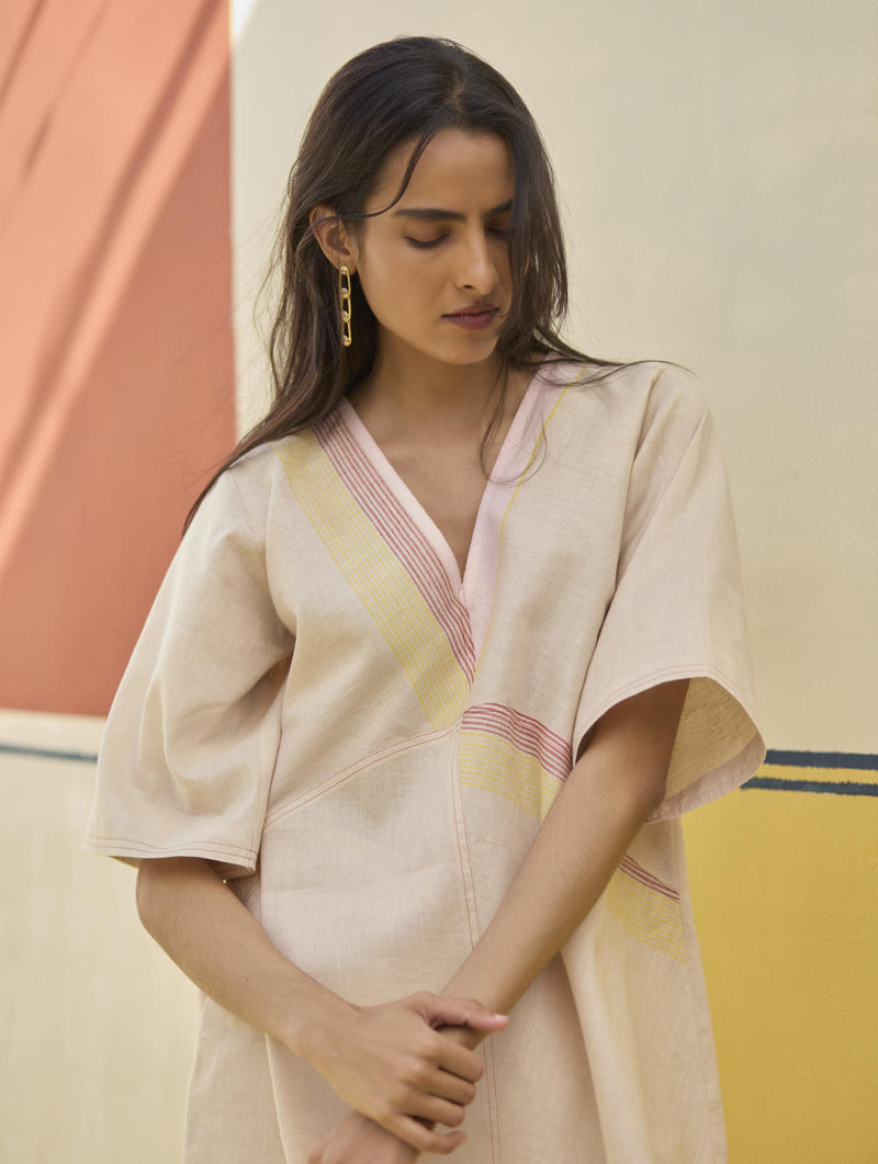 Moriko Border Linen Top - Sand linen by Manan in natural color for women in Singapore