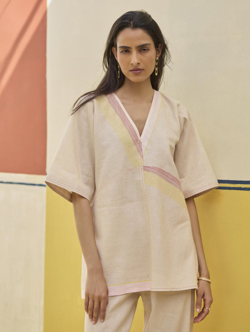 Moriko Border Linen Top - Sand linen by Manan in natural color for women in Singapore