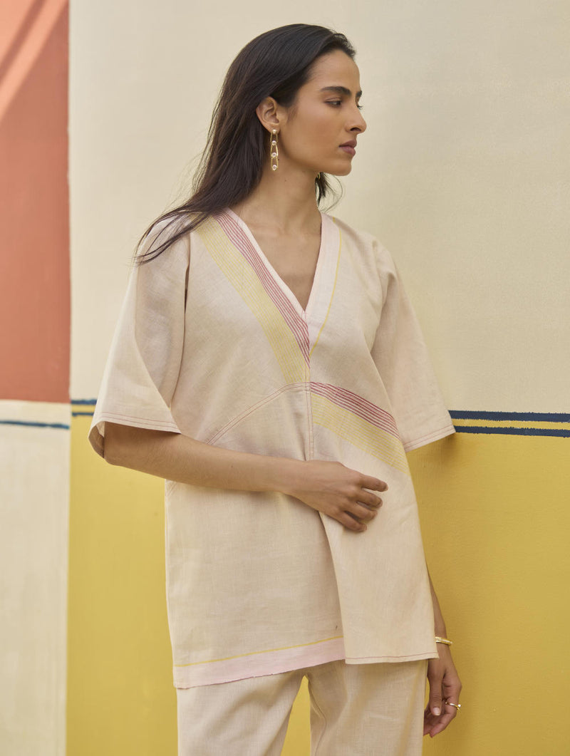 Moriko Border Linen Top - Sand linen by Manan in natural color for women in Singapore