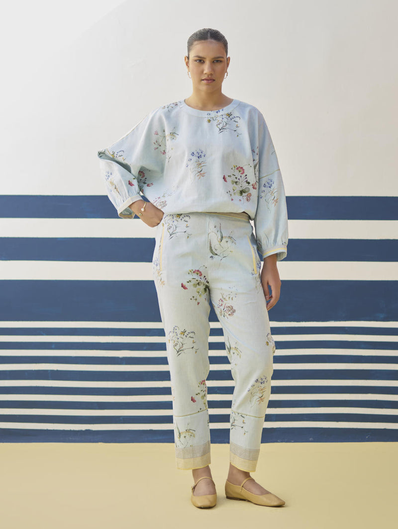 Myra Watercolor Floral Top - Sky linen by Manan in blue color for women in Singapore