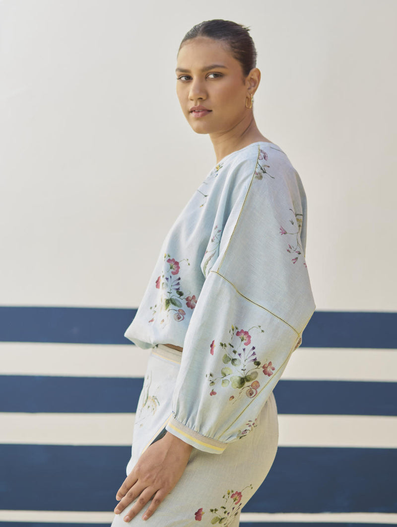 Myra Watercolor Floral Top - Sky linen by Manan in blue color for women in Singapore