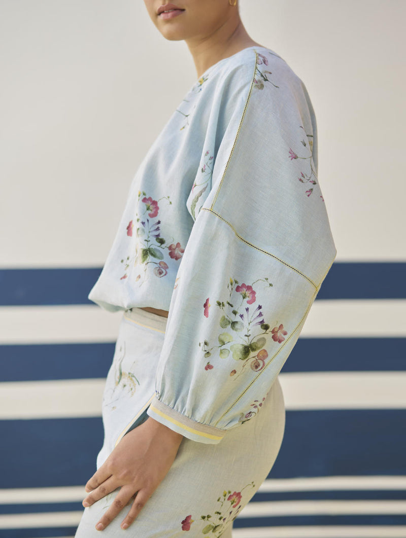 Myra Watercolor Floral Top - Sky linen by Manan in blue color for women in Singapore