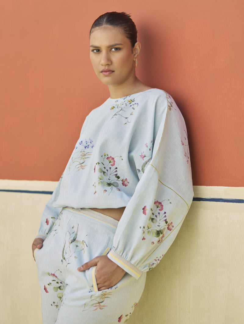 Myra Watercolor Floral Top - Sky linen by Manan in blue color for women in Singapore