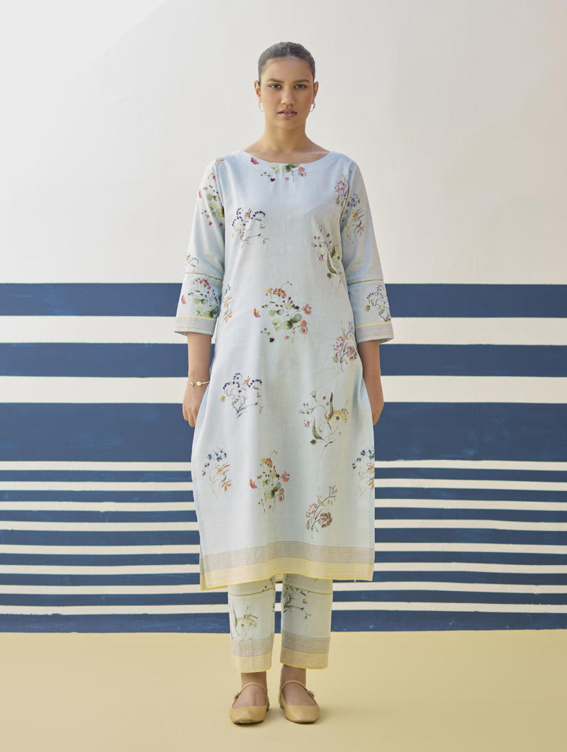 Kera Floral Embroidered Kurta Set
 - Sky linen by Manan in blue color for women in Singapore