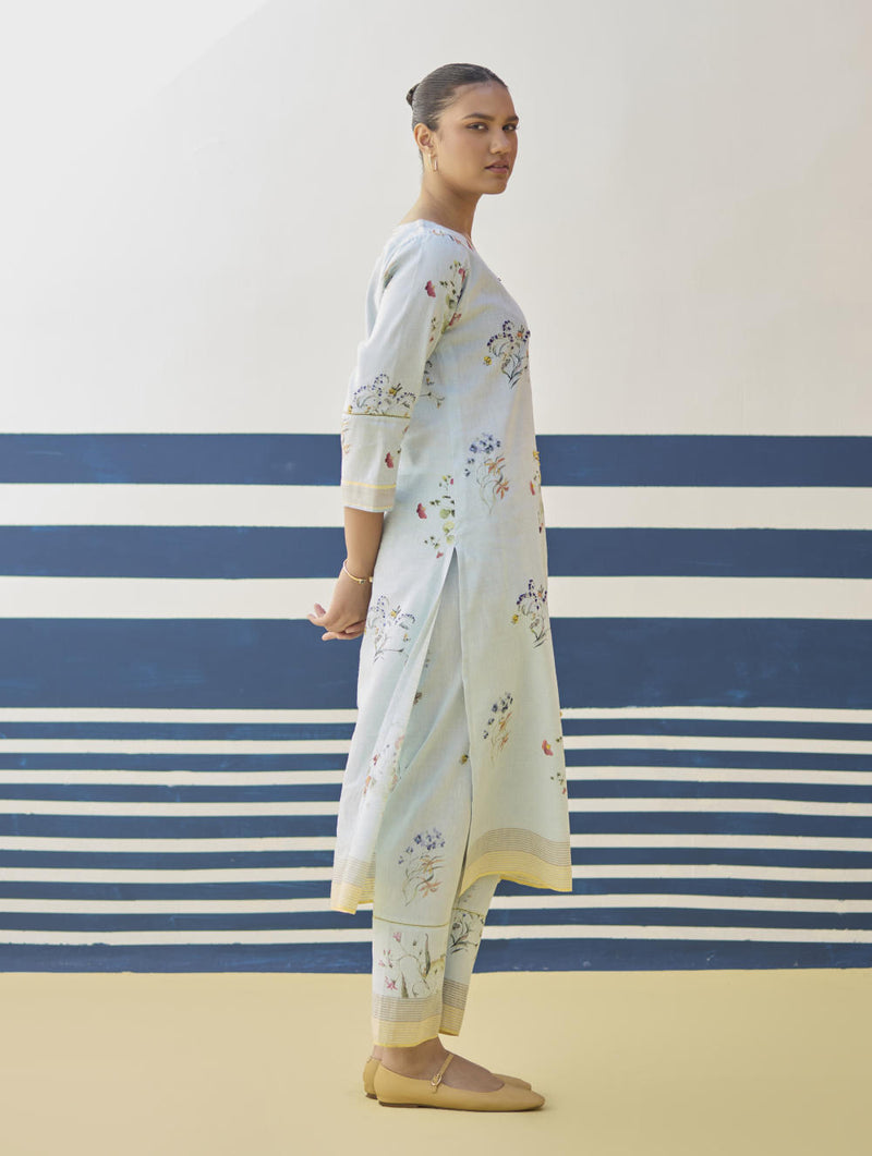 Kera Floral Embroidered Kurta Set
 - Sky linen by Manan in blue color for women in Singapore