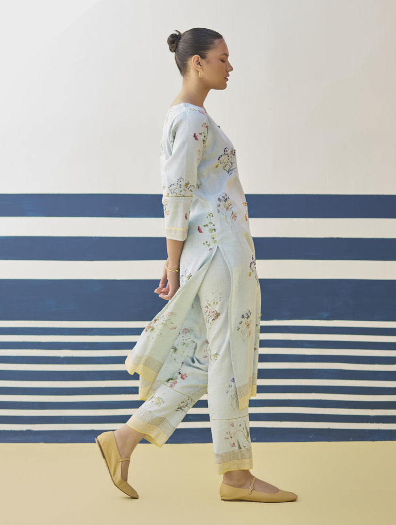 Kera Floral Hand-Embroidered Kurta - Sky linen by Manan in blue color for women in Singapore