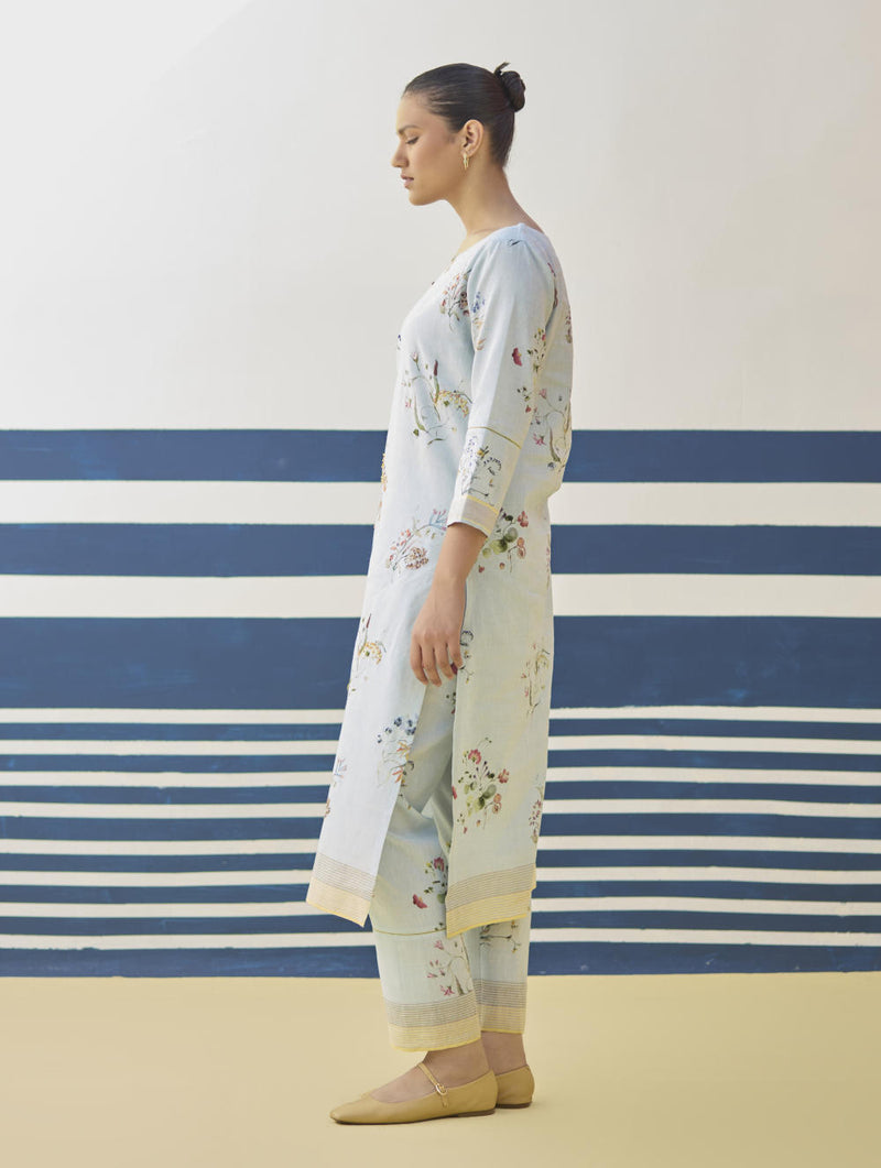 Kera Floral Hand-Embroidered Kurta - Sky linen by Manan in blue color for women in Singapore