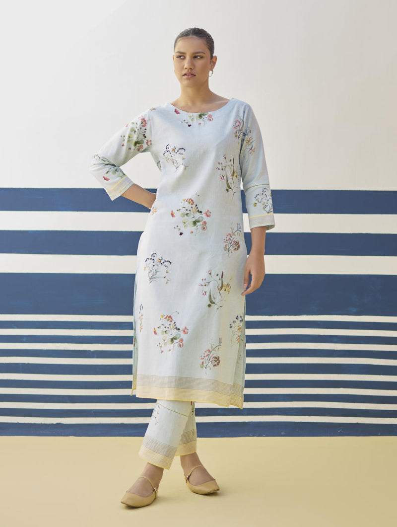 Kera Floral Embroidered Kurta Set
 - Sky linen by Manan in blue color for women in Singapore
