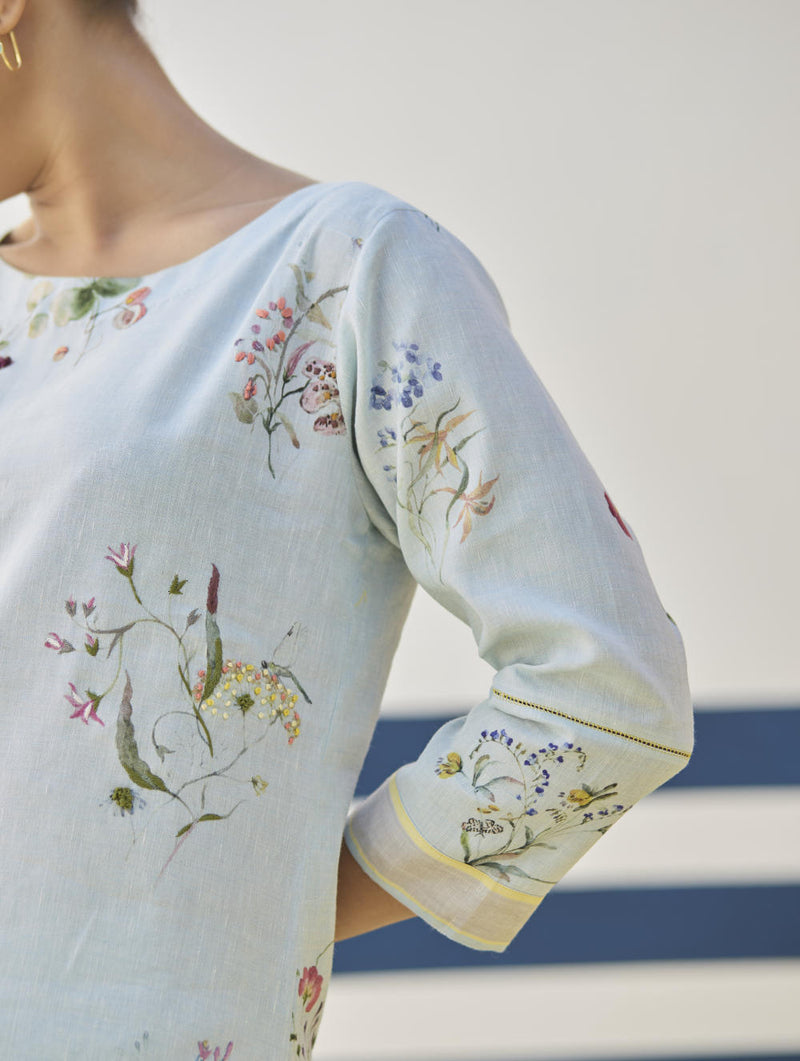 Kera Floral Hand-Embroidered Kurta - Sky linen by Manan in blue color for women in Singapore