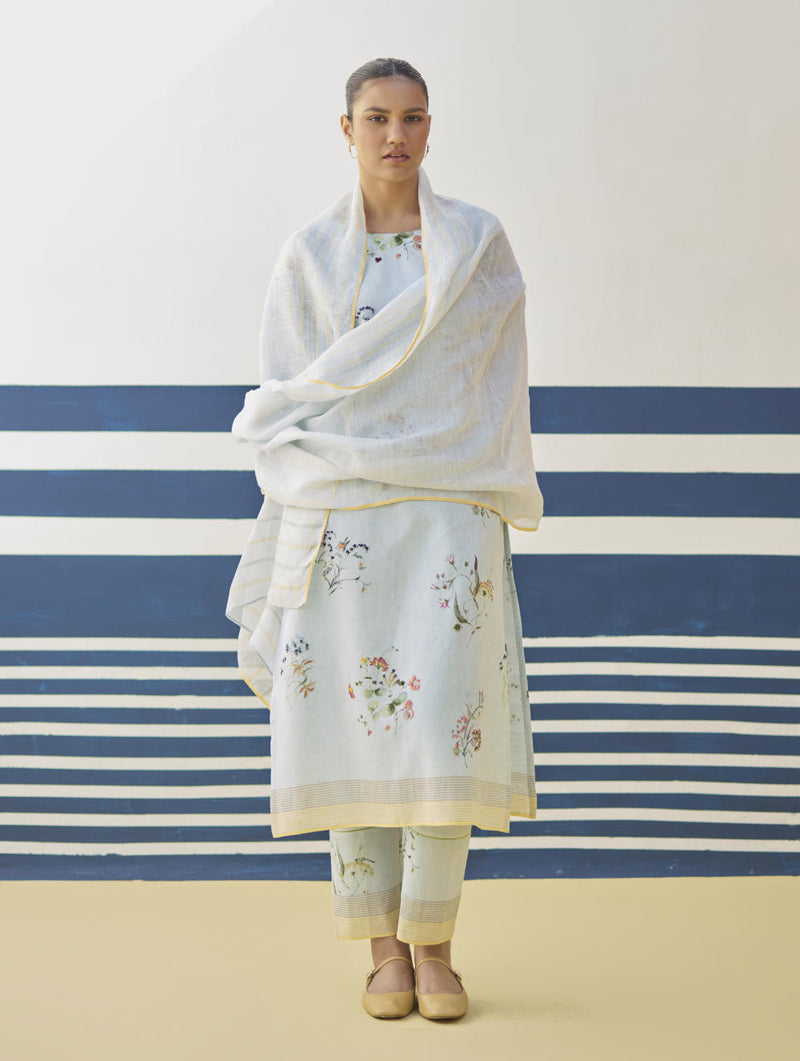Kera Floral Embroidered Kurta Set
 - Sky linen by Manan in blue color for women in Singapore