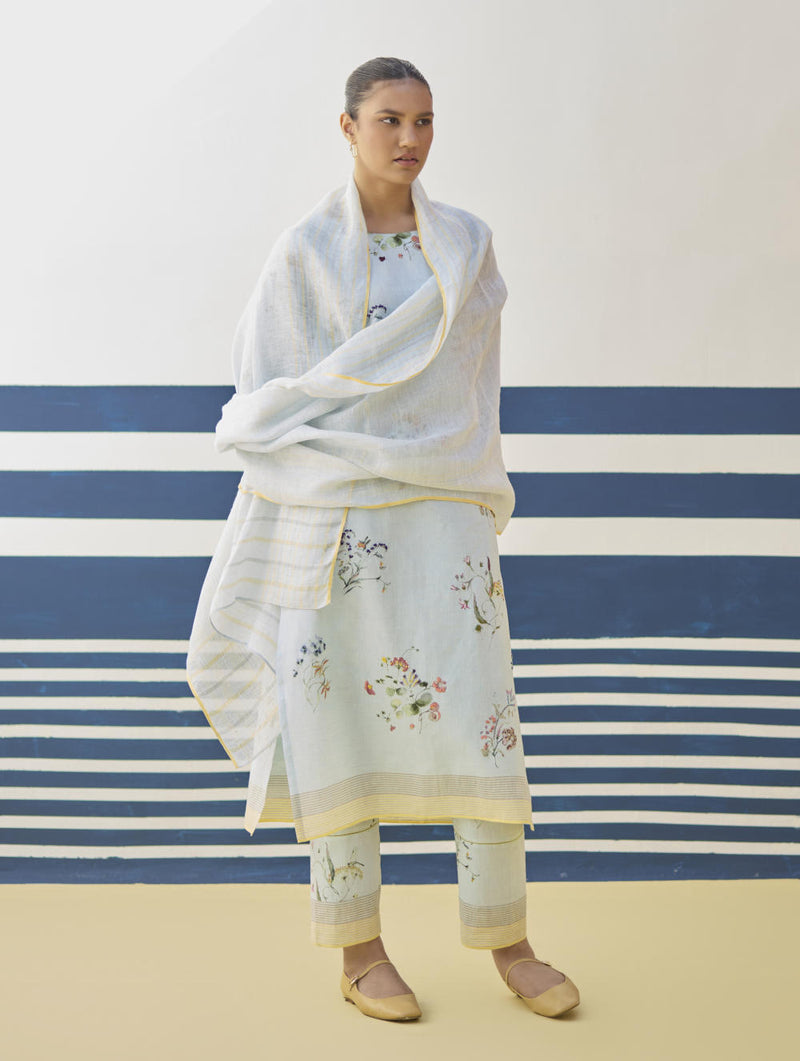 Kera Floral Embroidered Kurta Set
 - Sky linen by Manan in blue color for women in Singapore