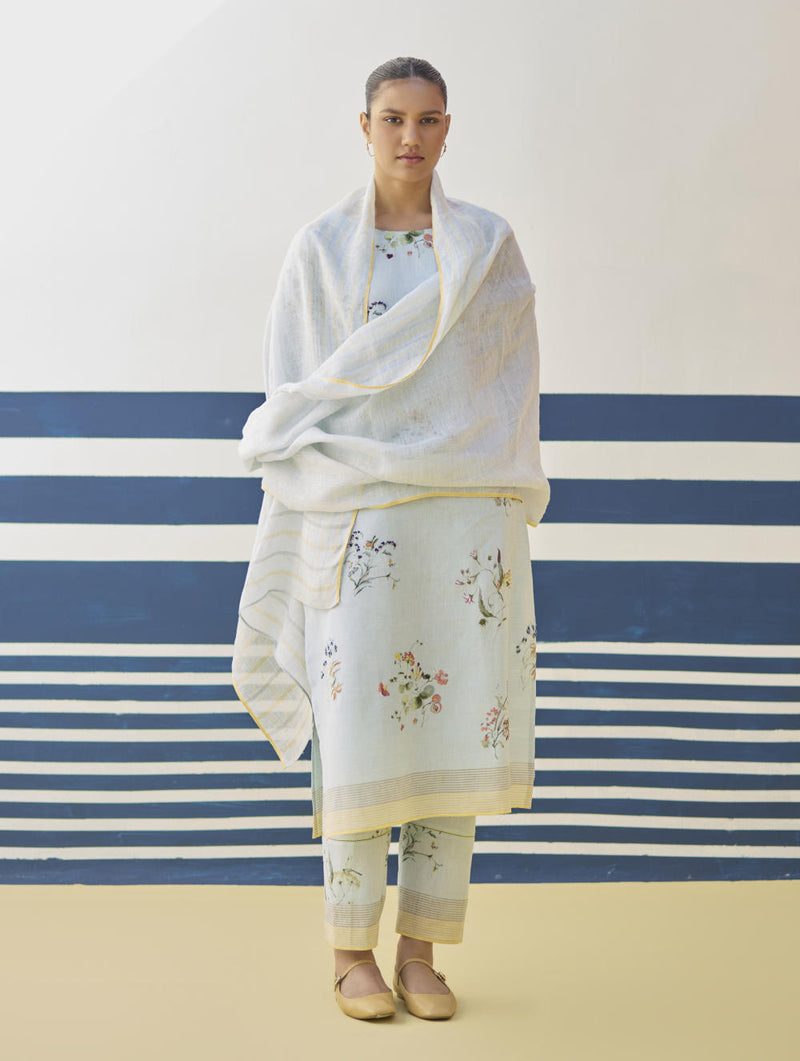Kera Floral Embroidered Kurta Set
 - Sky linen by Manan in blue color for women in Singapore