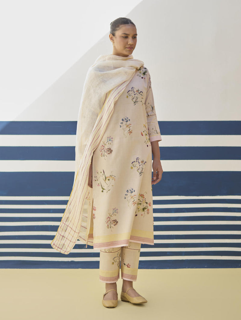 Kera Floral Embroidered Kurta Set
 - Sand linen by Manan in natural color for women in Singapore