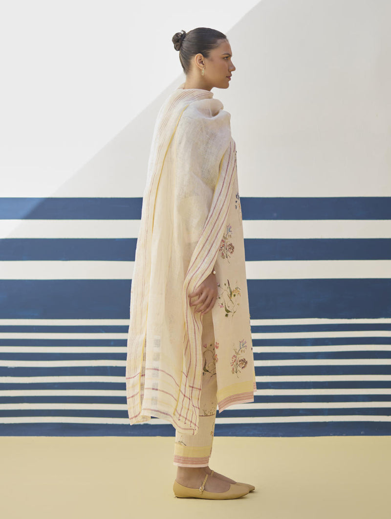 Kera Floral Embroidered Kurta Set
 - Sand linen by Manan in natural color for women in Singapore
