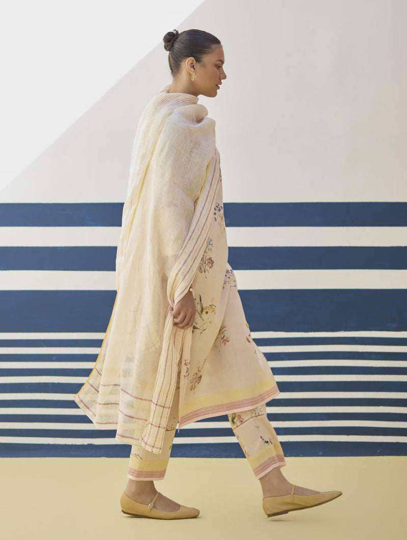 Kera Floral Embroidered Kurta Set
 - Sand linen by Manan in natural color for women in Singapore