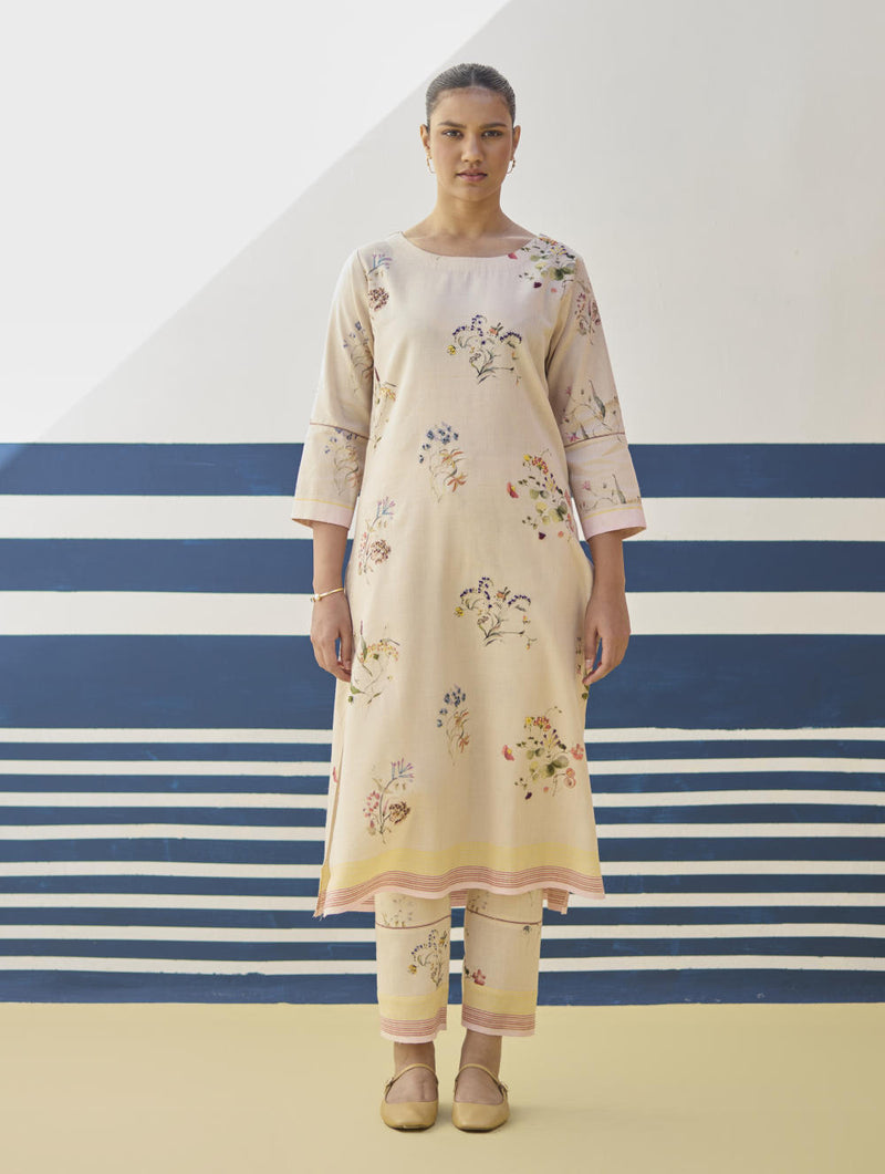 Kera Floral Embroidered Kurta Set
 - Sand linen by Manan in natural color for women in Singapore