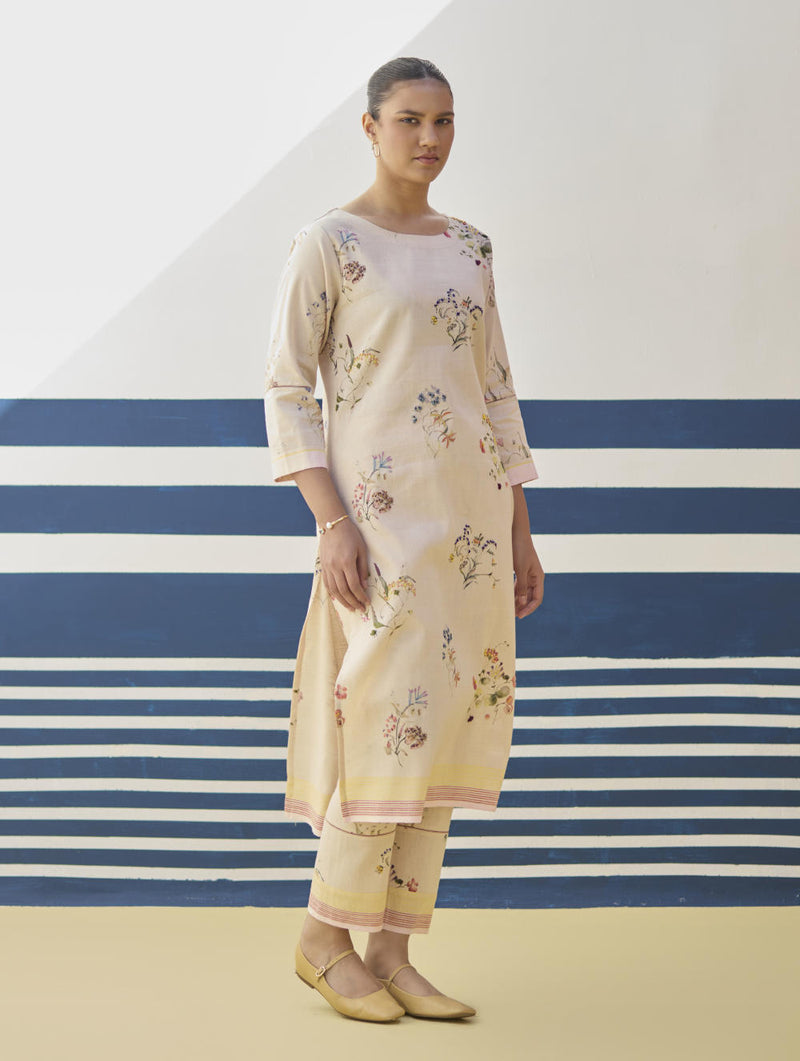 Kera Floral Hand-Embroidered Kurta - Sand linen by Manan in natural color for women in Singapore