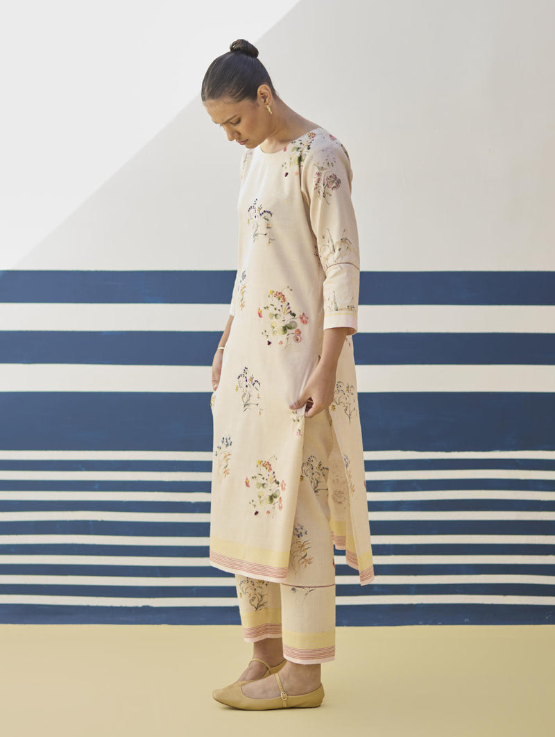 Kera Floral Hand-Embroidered Kurta - Sand linen by Manan in natural color for women in Singapore