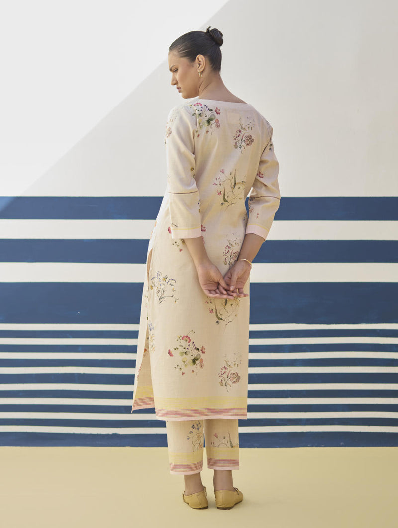 Kera Floral Hand-Embroidered Kurta - Sand linen by Manan in natural color for women in Singapore