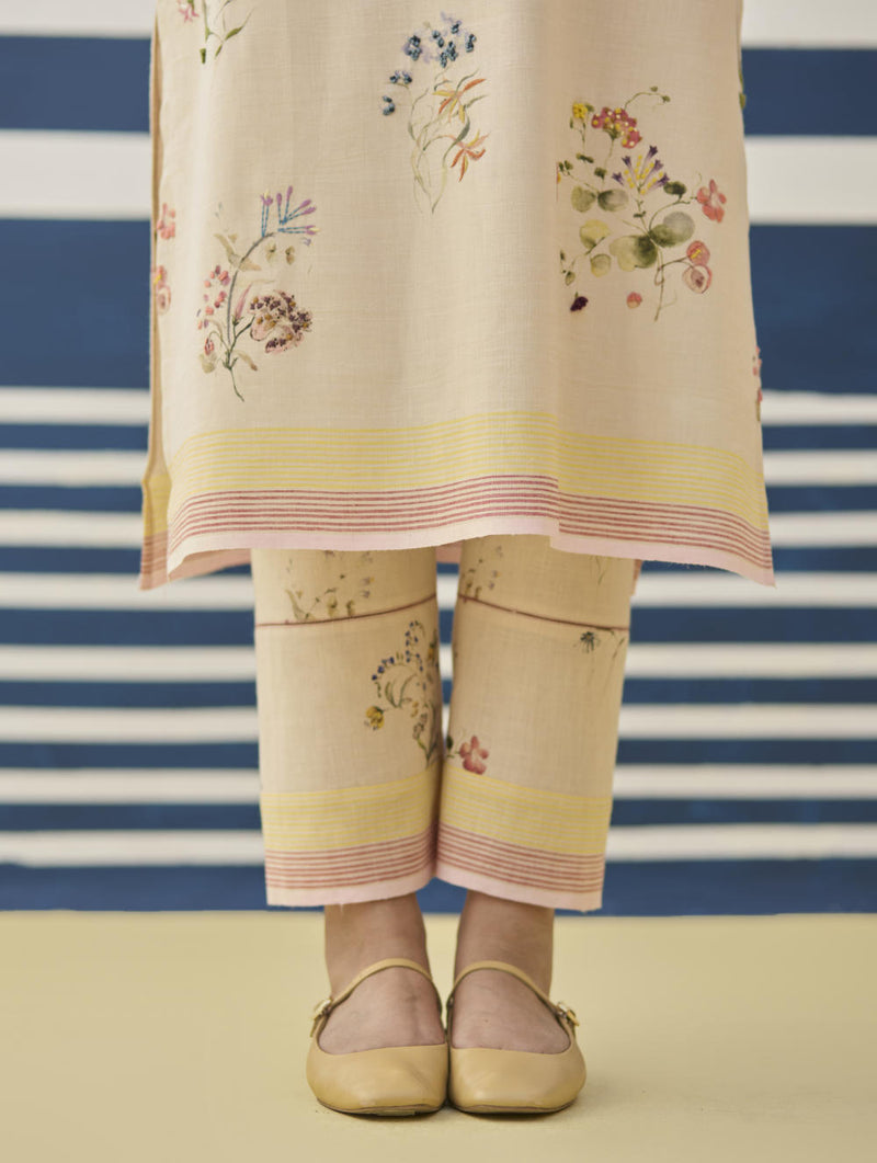 Kera Floral Hand-Embroidered Kurta - Sand linen by Manan in natural color for women in Singapore